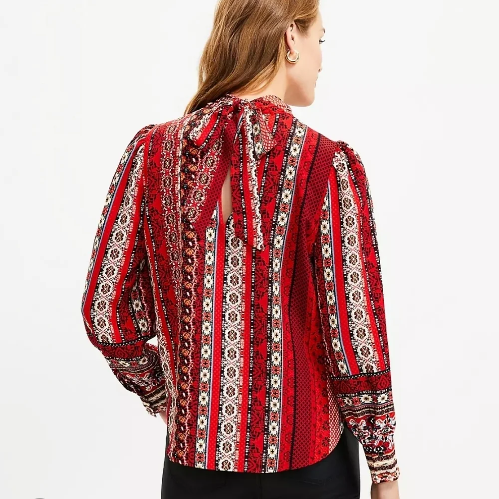 LOFT Red Striped Tie-Back Blouse Top Women's Size Large - Picture 2 of 3